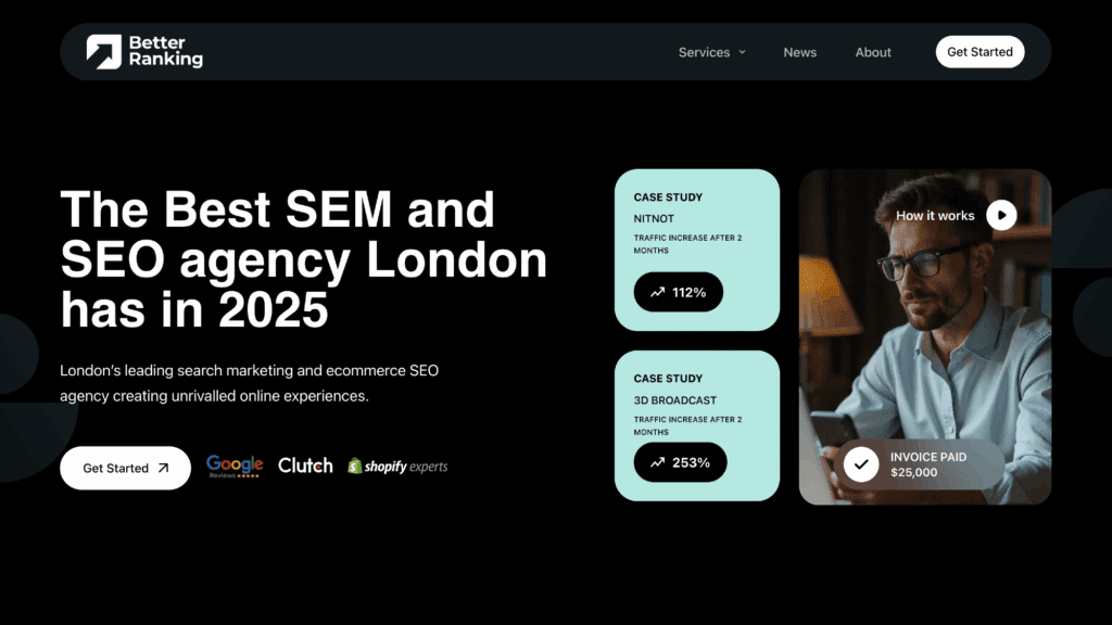 Better Ranking homepage with bold headline ‘The Best SEM and SEO agency London has in 2025’ set against a modern background and prominent ‘Get Started’ button.