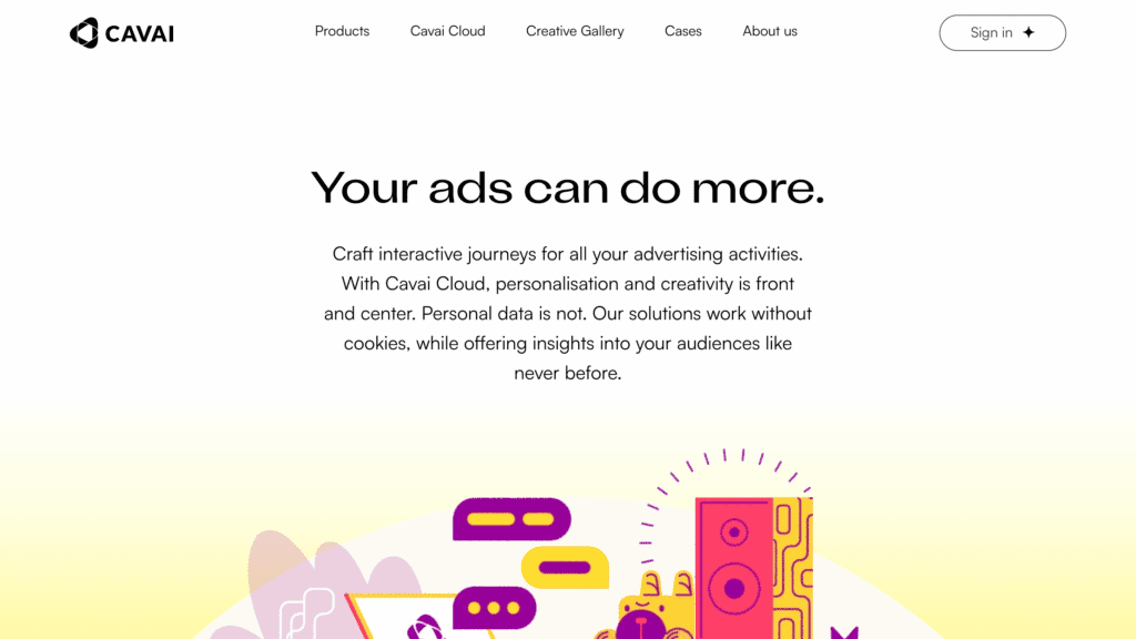 Cavai homepage hero with vibrant gradient background and tagline ‘Make a lasting impression with conversational ads’ alongside playful custom illustrations.