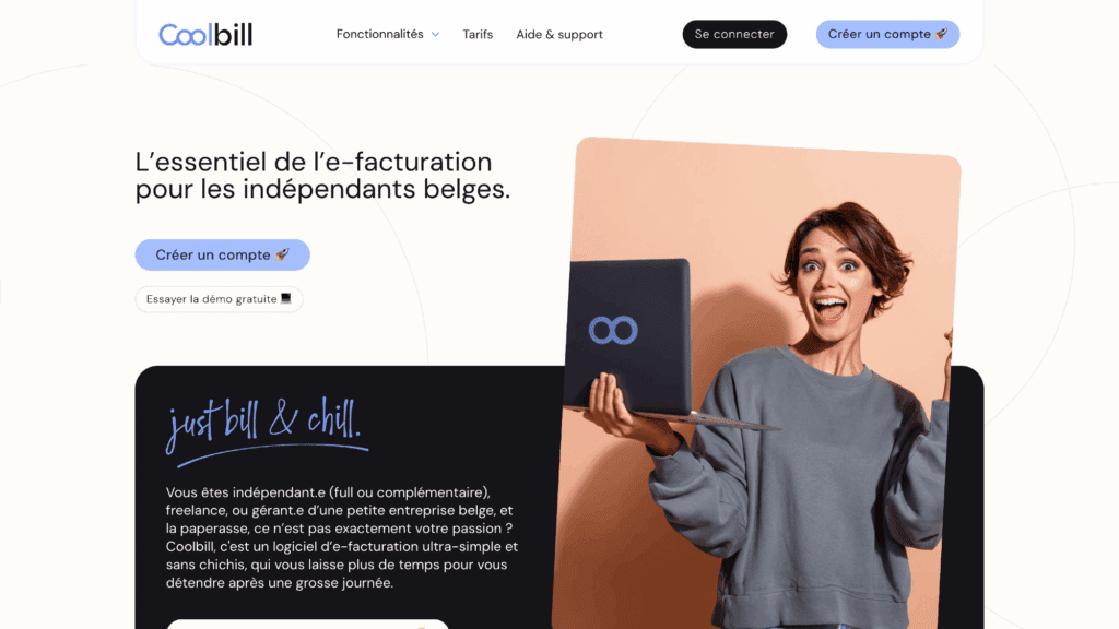 CoolBill website showcasing billing tools for businesses in Belgium