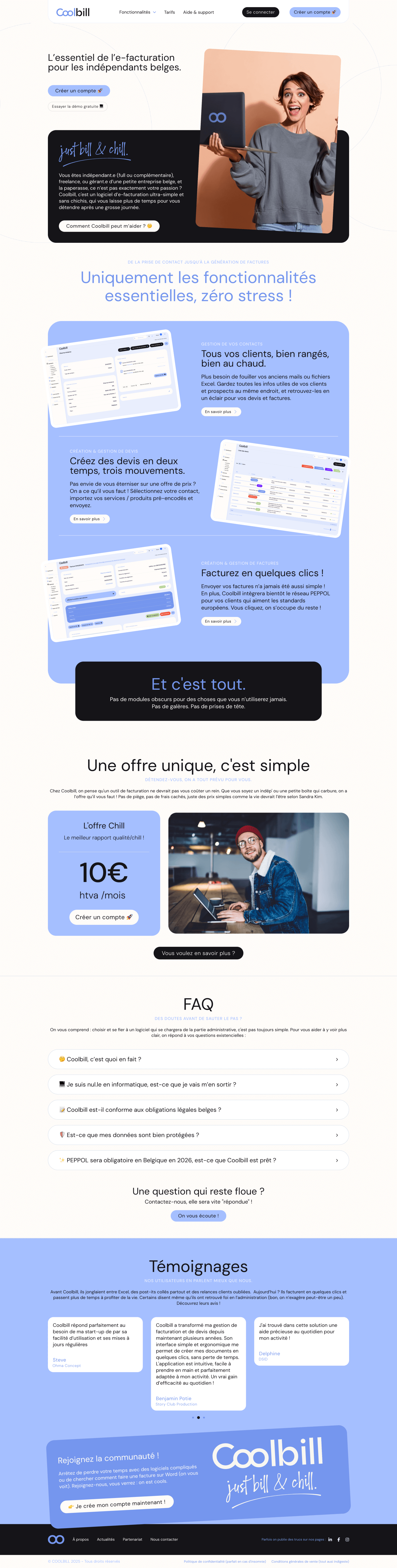 CoolBill website showcasing billing tools for businesses in Belgium