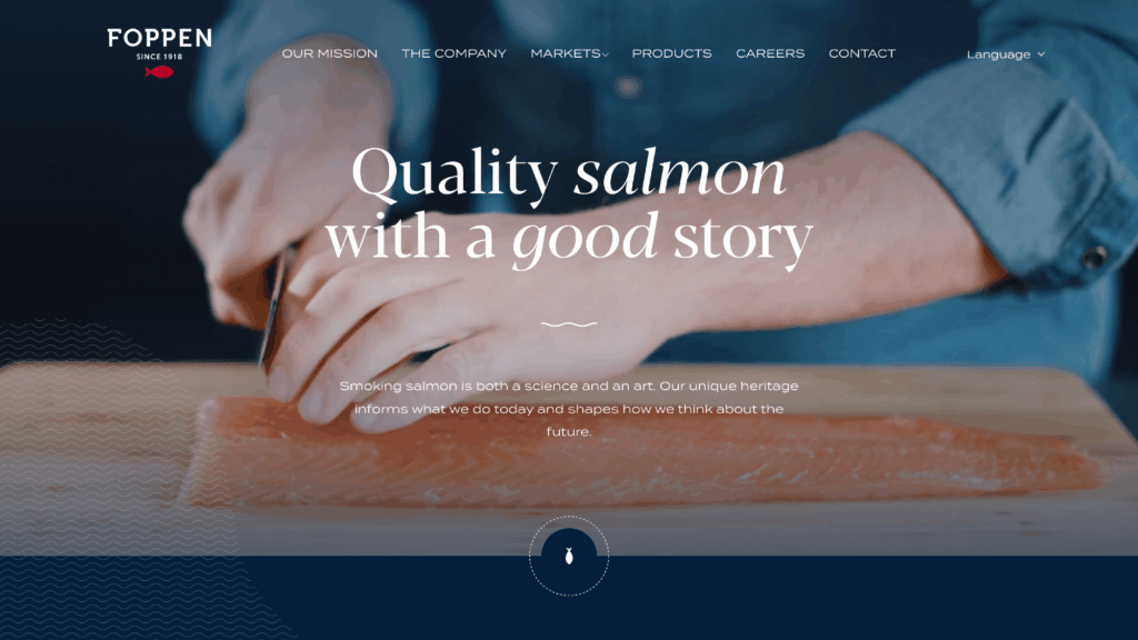 Foppen Seafood homepage with headline ‘We live and work for quality’ over a sleek dark-blue background and image of a salmon-processing dock.