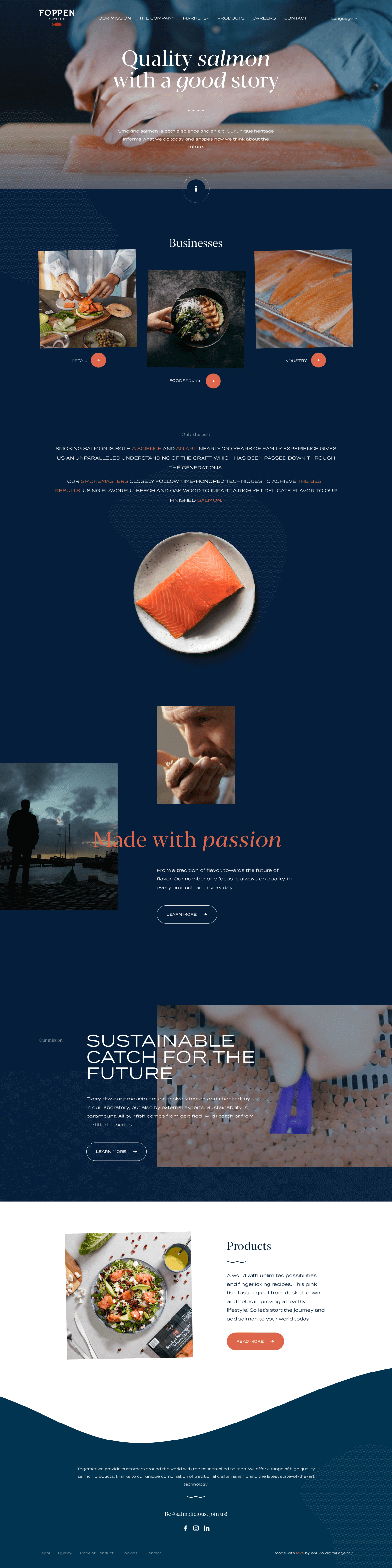 Foppen Seafood homepage with headline ‘We live and work for quality’ over a sleek dark-blue background and image of a salmon-processing dock.