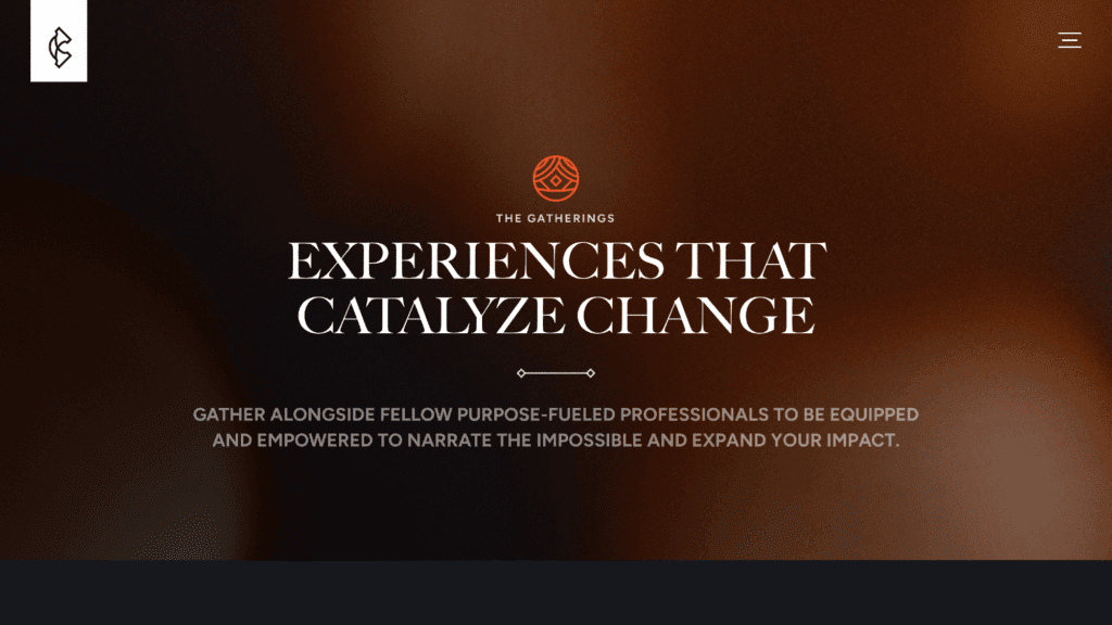 Istoria Gatherings page hero with headline ‘Experiences That Catalyze Change’ encouraging purpose-driven professionals to narrate the impossible.