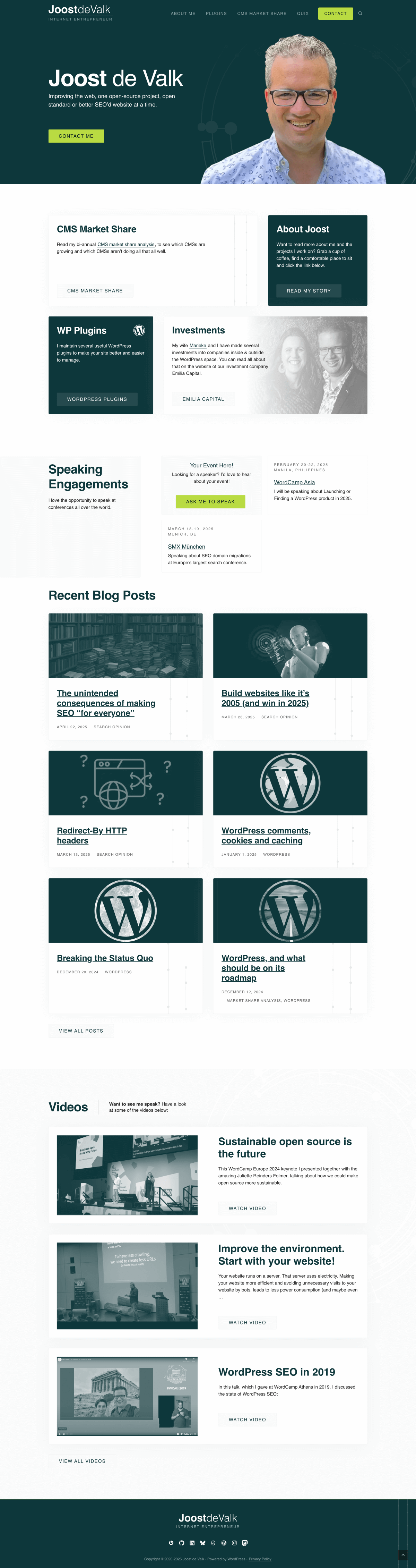 screencapture-joost-blog-2025-05-full-screen Joost.de Valk's blog homepage displaying a clean layout with recent post titles like ‘A new path forward for WordPress’ and ‘Innovation in plugin development’.