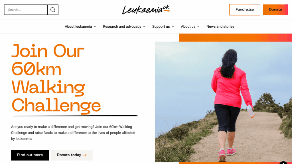 Leukaemia UK homepage hero section in bold orange gradient promoting its new brand identity and blood cancer awareness.