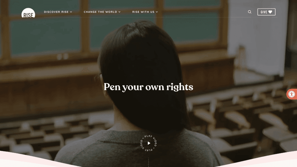 RiseNow homepage showcasing four diverse women walking confidently, overlaid with the quote ‘We exist. We are here. It is time for the world to stand with survivors.