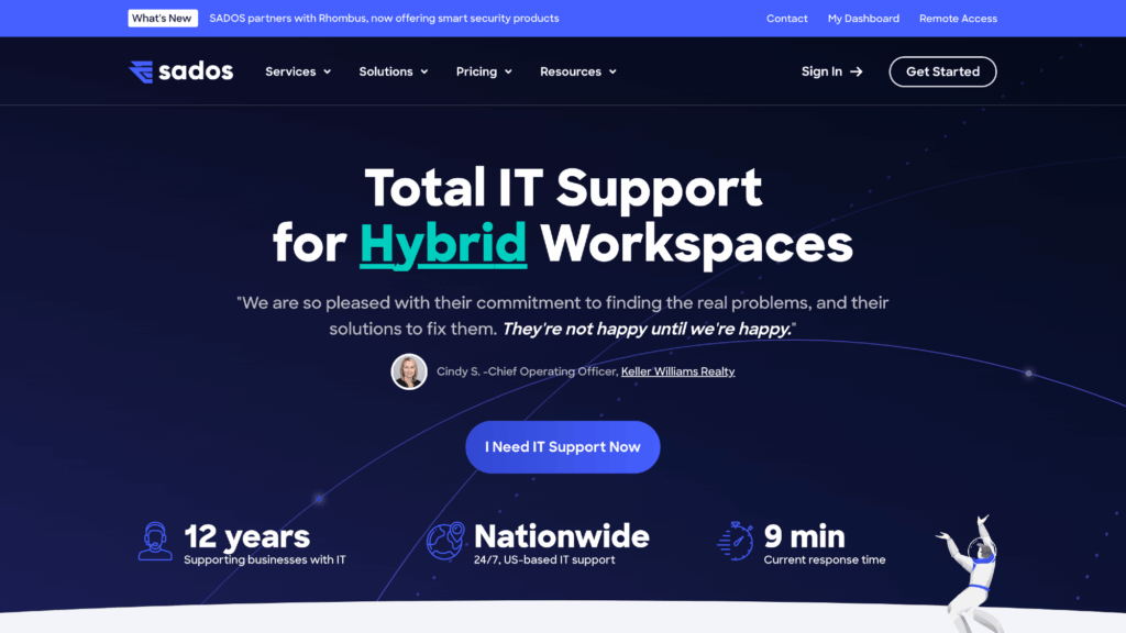 SADOS homepage hero banner promoting total IT support for remote workspaces with sleek dark‑blue design and modern interface.