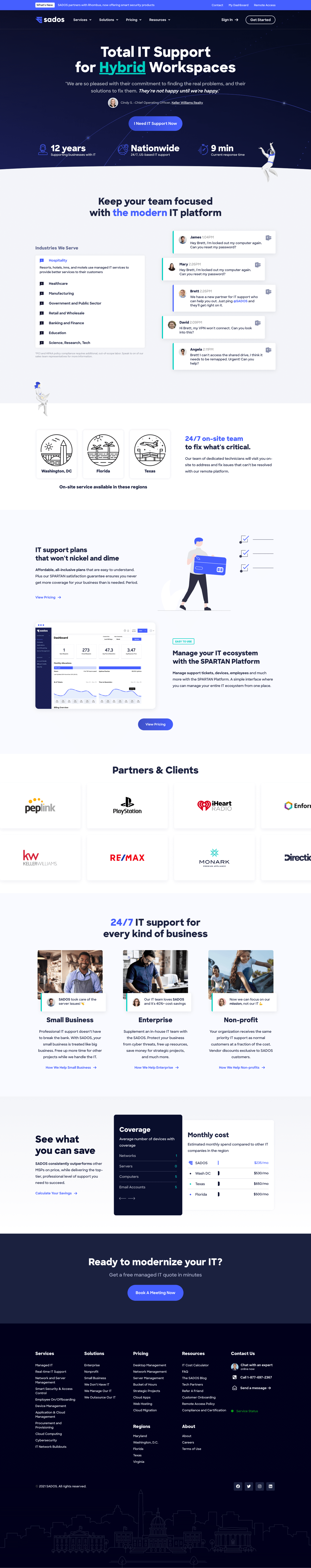 SADOS homepage hero banner promoting total IT support for remote workspaces with sleek dark‑blue design and modern interface.